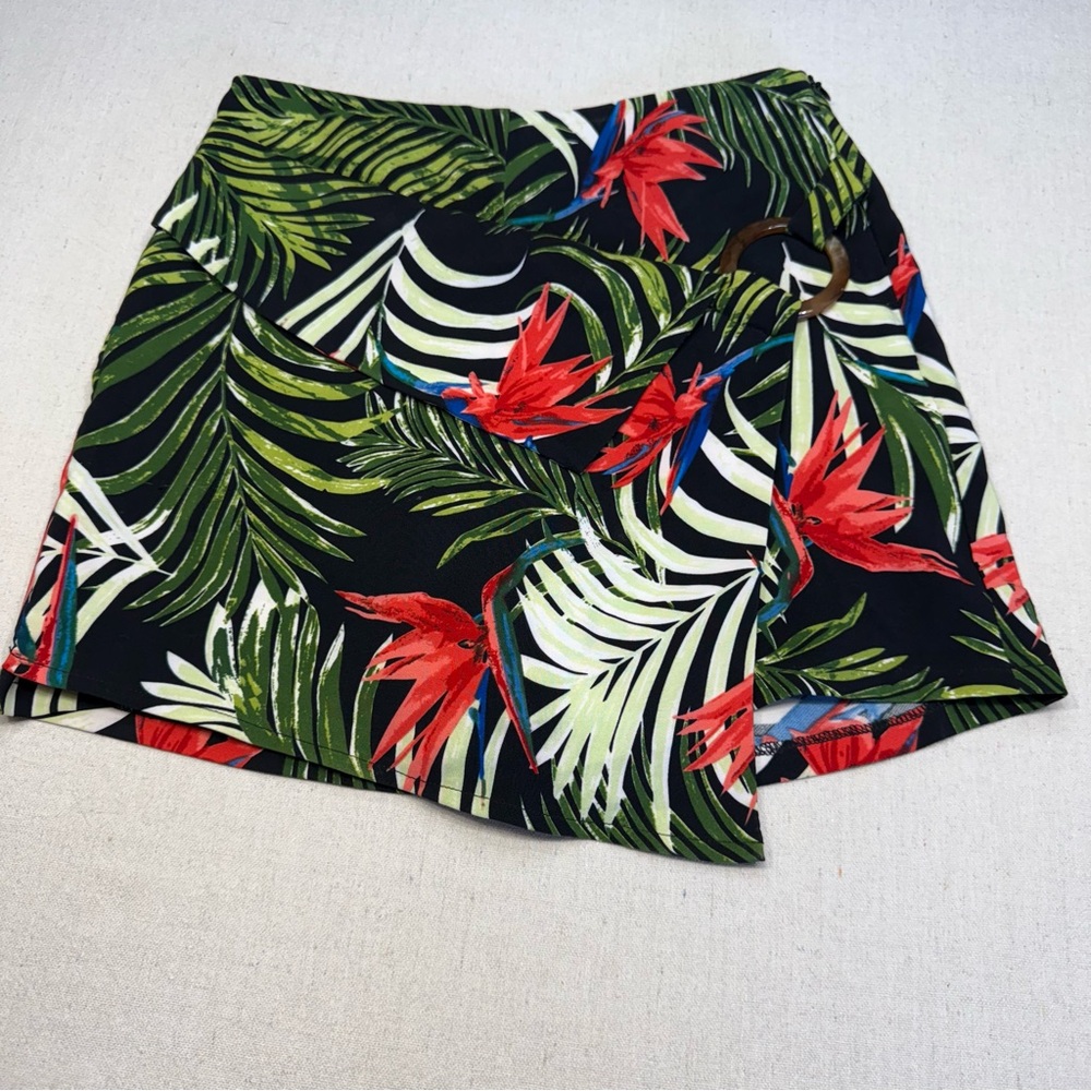 Tropical Leaf Print Skort with Red Floral Accents